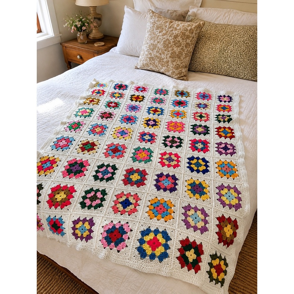 Vintage Handmade Granny Square Crochet Throw Blanket 45x34